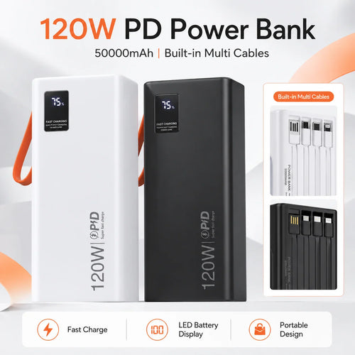 120W PD Power Bank 50000mAh Portable Charger(Built-in Cables), LED Display, Fast Charging Battery for Phone Tablet USB-C Devices