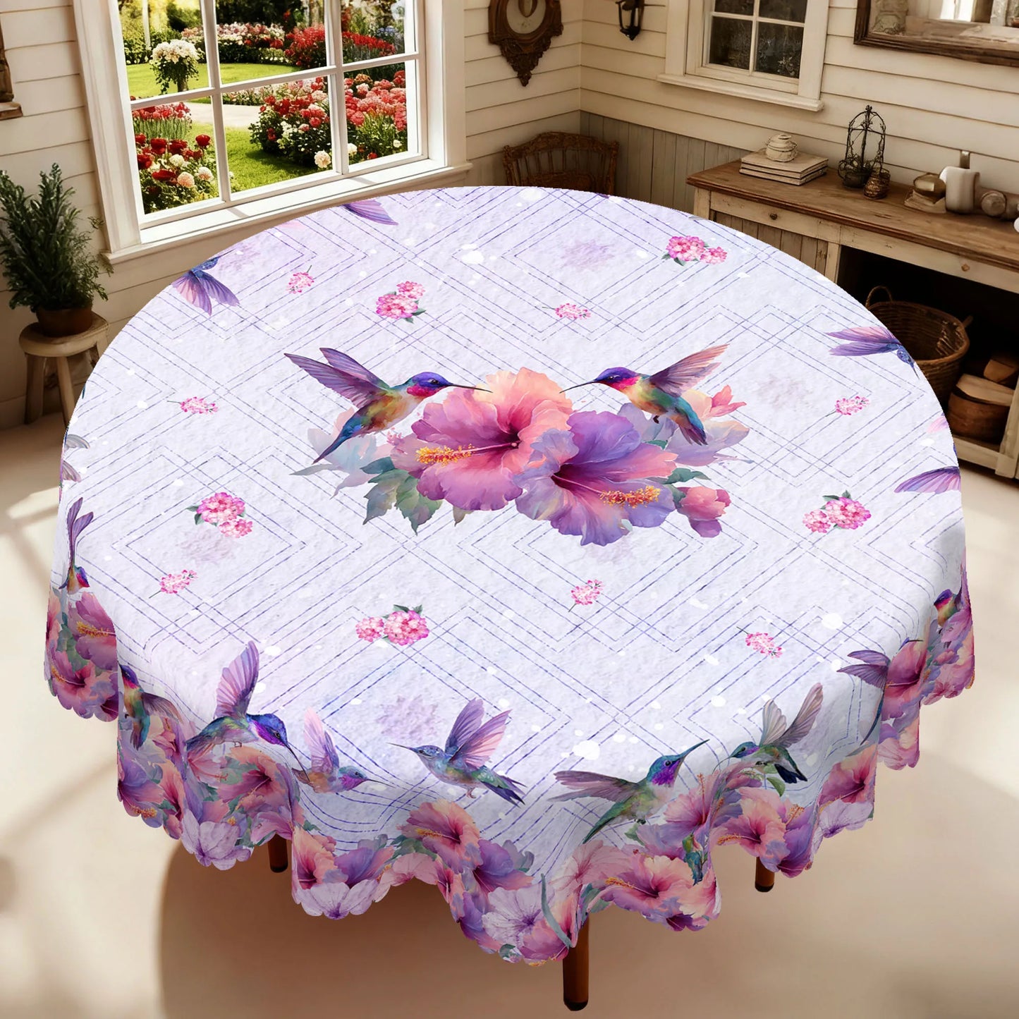 1 Piece of Spring and Summer Floral and Bird-Themed Printed Round and Rectangular Tablecloth, Available in Various Sizes, Featuring Vibrant Hummingbirds and Blooming Hibiscus Intertwined with Fresh Small Flowers and Light Pur