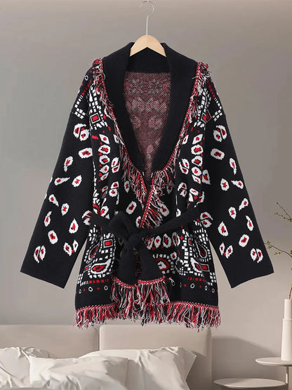 2026 Spring Tassel Knitted Jacquard Women's Cardigans Loose Patchwork V-neck Long Sleeve Thick Warm Sweater Lady New Knitwear
