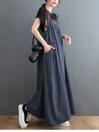 359 Spring Summer New Women Denim Suspender Long Skirt Loose Casual Punk Vintage Style Cargo Female Popular Large Swing Dress