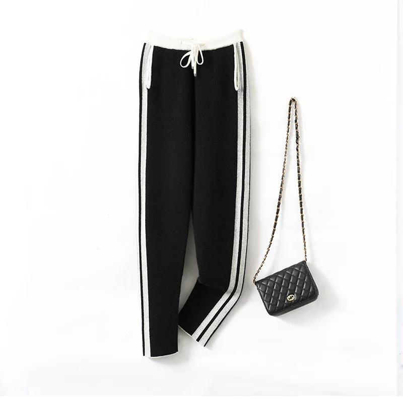 Autumn Winter Woman's Pants Fashion Pencil Pants 100% Merino Wool Knit Long Trouser Elastic Mid-Waist Patchwrok Full Length Pant