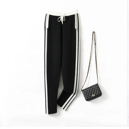 Autumn Winter Woman's Pants Fashion Pencil Pants 100% Merino Wool Knit Long Trouser Elastic Mid-Waist Patchwrok Full Length Pant