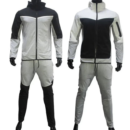 Autumn Men's Hooded Running Sets Patchwork Casual Tracksuits Zipper Jacket+Pants 2Pcs Sets Male Slim Gym Sportswear Jogging Suit