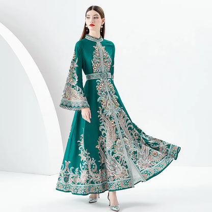 2023 New Silk Long sleeved Ethnic Style Retro Printed Dress for Women's Vacation Style Standing Collar Long Swing Dress