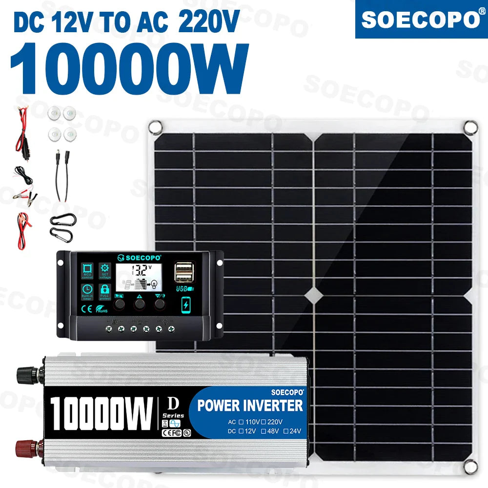 10000W Solar Power Complete Kit 12V To 220V Inverter100A Controller 300W Panel System for Home/RV/Camping  Full House Generator