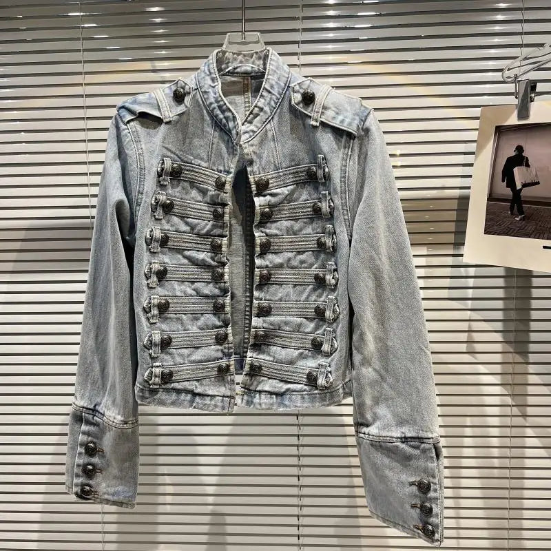 Classical Metal Bule Design oulder Strap Waed Denim ort Jaet Spring 2026 Women's Faion Straight Cut Long Sve