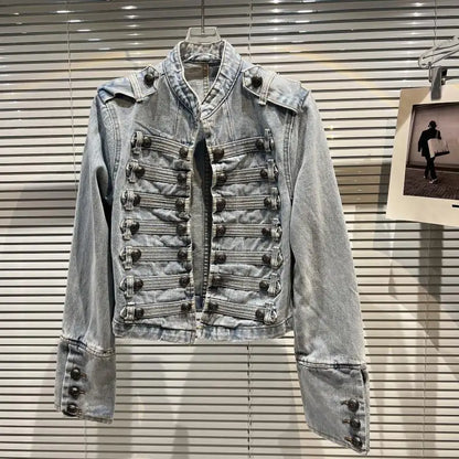 Classical Metal Bule Design oulder Strap Waed Denim ort Jaet Spring 2026 Women's Faion Straight Cut Long Sve