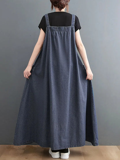 359 Spring Summer New Women Denim Suspender Long Skirt Loose Casual Punk Vintage Style Cargo Female Popular Large Swing Dress