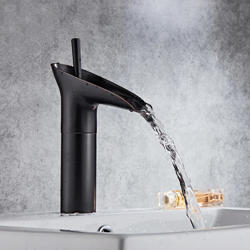 Bathroom Basin Faucet Sink Mixer Gun Grey Color Hot Cold Water Mixer Deak Mounted Waterfall Style Copper Sink Taps FR651