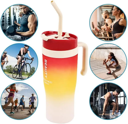 1200ml Large Capacity Gradient Frosted Sports Water Bottle Tumbler for Car Gym Outdoor Travel Reusable BPA Free Cup with Straw