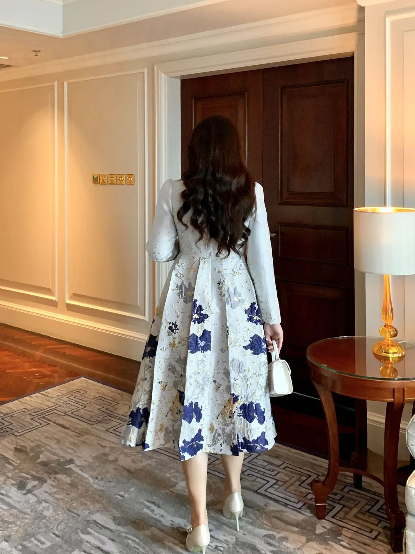 Big Size Spring Summer Jacquard Dress Occasion V-Neck Brocade Dress Women Long Sleeve Party Evening Clothing Mid-Calf Ball Gown