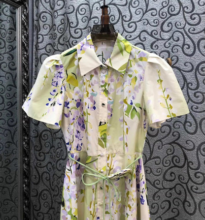 100%Cotton Long Dress 2026 Spring Summer Women Turn-down Collar Sweet Floral Print Belt Deco Short Sleeve Long Maxi Dress Luxury