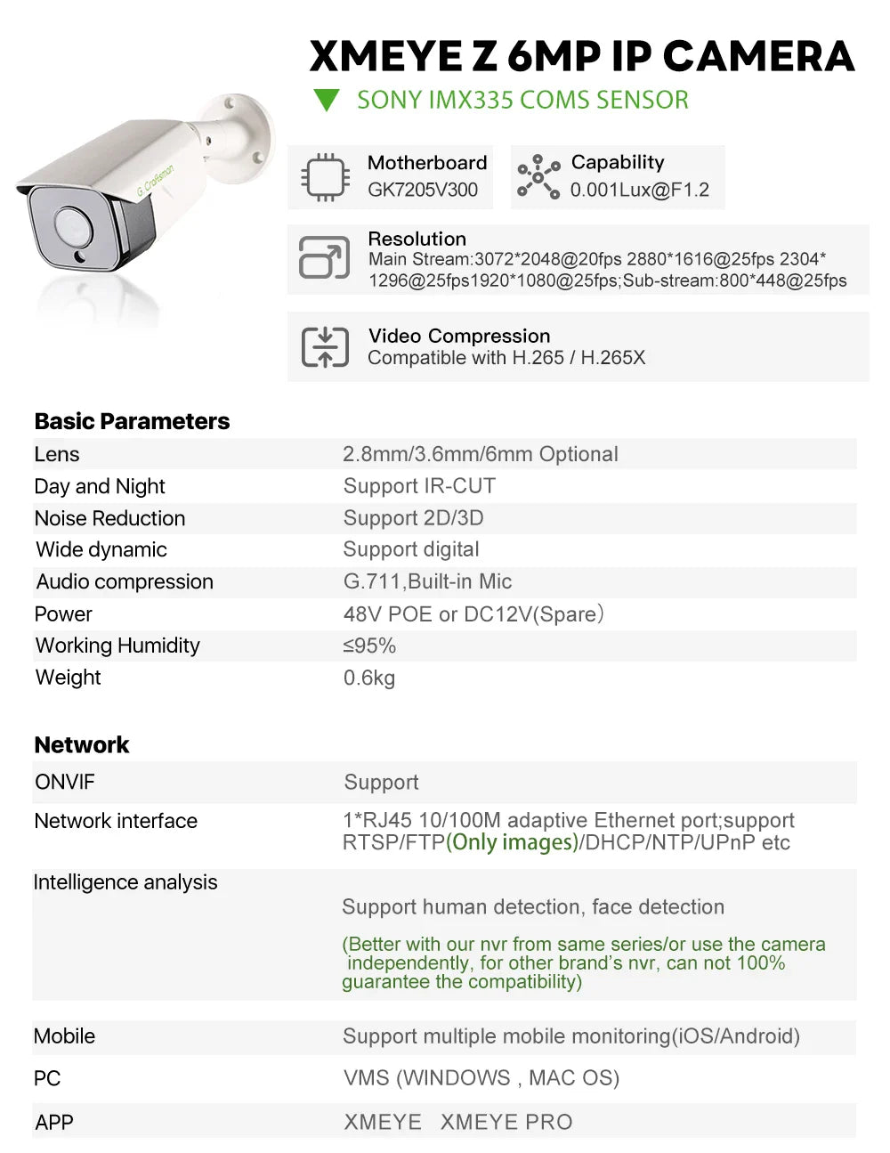 C,GC XMeye IP Camera,Z ,6MP,POE, 20fps,2.8mm/3.6mm/6mm,Face Human,Audio, IR Night, Onvif Video CCTV Surveillance Security,Home