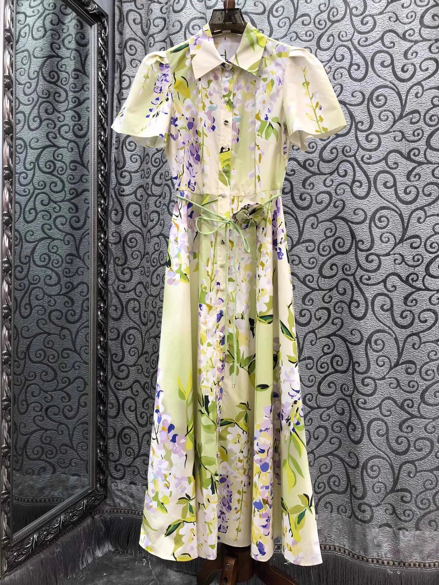100%Cotton Long Dress 2026 Spring Summer Women Turn-down Collar Sweet Floral Print Belt Deco Short Sleeve Long Maxi Dress Luxury