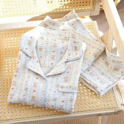 2025 Autumn Cotton Crepe Women's Pajamas Casual Soft Loose Sleepwear Long Sleeve Pants Pajama Sets Night Clothes 2-piece Set