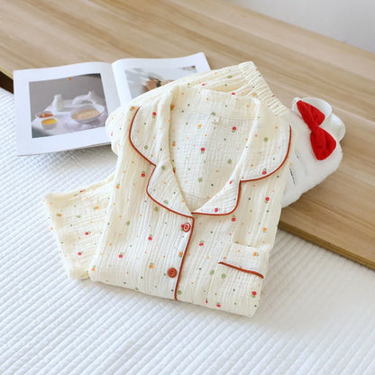 2025 Autumn Cotton Crepe Women's Pajamas Casual Soft Loose Sleepwear Long Sleeve Pants Pajama Sets Night Clothes 2-piece Set