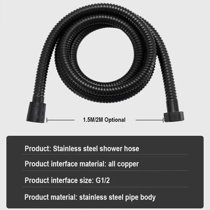 1.5/2/3M Stainless Steel Shower Hose Black/Silver Long Bathroom Shower Water Hose Extension Plumbing Pipe Showerhead Tube