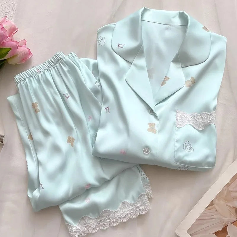 Bear Print Pajamas Women Cool Ice Silk Short Sleeve Pants Loungewear Cardigan Lace Fall and Winter Two-Piece Set Plus Size