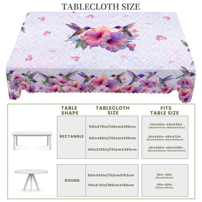 1 Piece of Spring and Summer Floral and Bird-Themed Printed Round and Rectangular Tablecloth, Available in Various Sizes, Featuring Vibrant Hummingbirds and Blooming Hibiscus Intertwined with Fresh Small Flowers and Light Pur