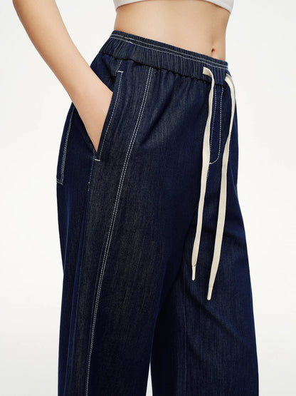 DUSHU 2026 Spring Women's Contrast Topstitching Straight Leg Jeans, Elastic Drawstring Waist Casual Pants for Y2K Street Style