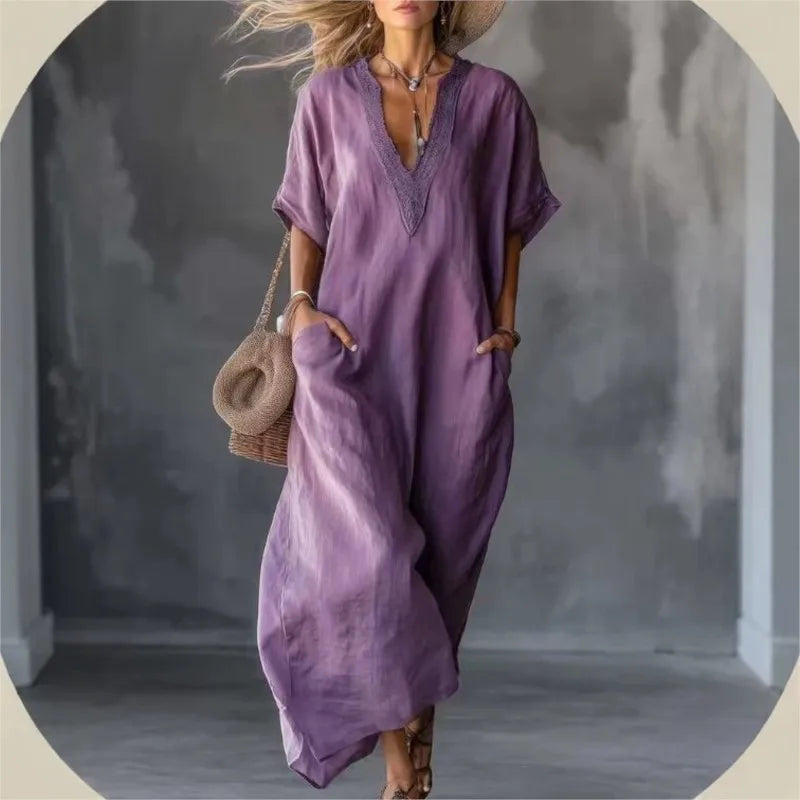 2026 New Summer Women's Dress Solid Color V-neck Bohemian Style Retro Fashionable And Comfortable Elegant Pocket Simple Vestidos