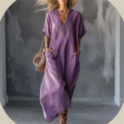 2026 New Summer Women's Dress Solid Color V-neck Bohemian Style Retro Fashionable And Comfortable Elegant Pocket Simple Vestidos