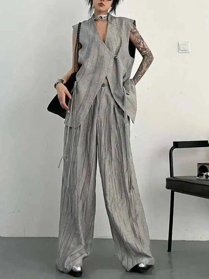 BJTZ Loose Tie-dye Designer Women's Set 2025 Spring Summer New Two Piece Sleeveless Versatile Top Vest Loose Wide Pants Female