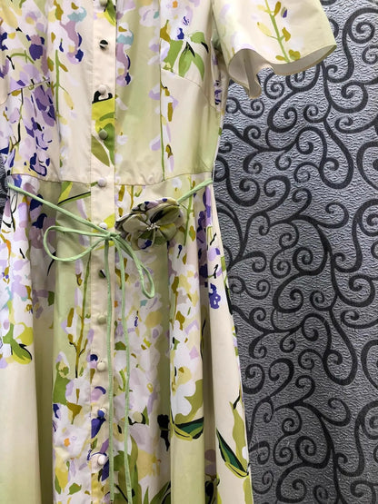100%Cotton Long Dress 2026 Spring Summer Women Turn-down Collar Sweet Floral Print Belt Deco Short Sleeve Long Maxi Dress Luxury