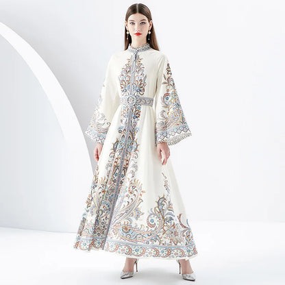 2023 New Silk Long sleeved Ethnic Style Retro Printed Dress for Women's Vacation Style Standing Collar Long Swing Dress