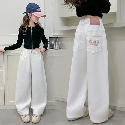 Children Vintage White Straight Jeans with Bows For Girls New Spring Slim Loose Denim Pants Kids Teenager Casual Jeans Trousers