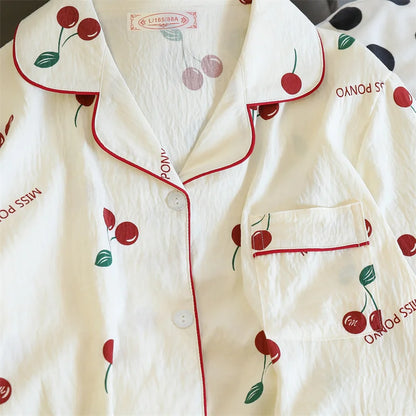 Cherries Print Two Pieces Pajamas Set Autumn Faux Cotton Pajamas Korean Fashion Home Clothes Ladies Pants and Top Set Pijamas