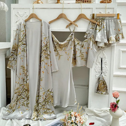 4PC Silk Robe Sleep Suit Womens Lace Satin Pajamas Gown Set V-Neck Cami Nighties Wear Pijama Home Nightwear Spring Nightdress