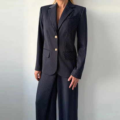 Backless Tie Waist Pinstripe Blazer Set Women 2 Pieces Lapel Button Down Blazer With High Waist Wide Leg Pants Office Suit