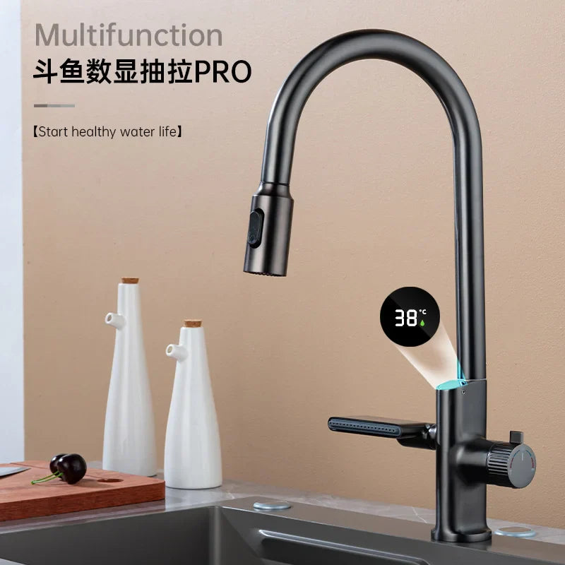304 Stainless Steel Kitchen Faucet with Waterfall Sink Countertop Installation Hot Cold Mixer 360° Rotation for Kitchen