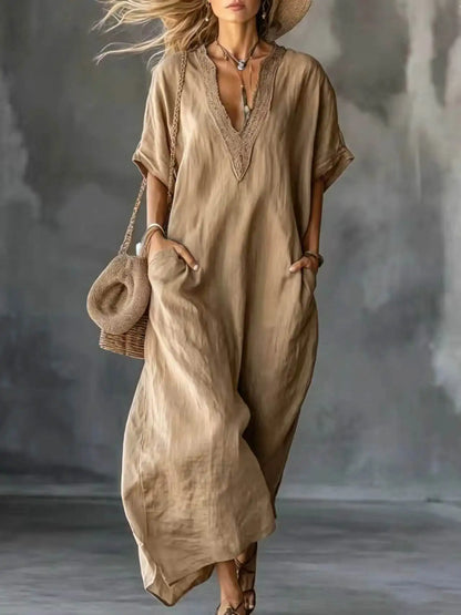 2026 New Summer Women's Dress Solid Color V-neck Bohemian Style Retro Fashionable And Comfortable Elegant Pocket Simple Vestidos
