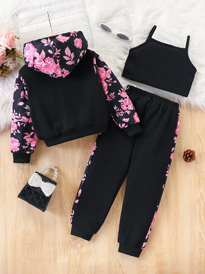 3-Piece Set for Girls, Spring and Autumn Fashion Casual Floral Patchwork Hooded Long-Sleeve Zip-Up Jacket + Printed Camisole + Pants Set, Outdoor Sportswear for Little Girls