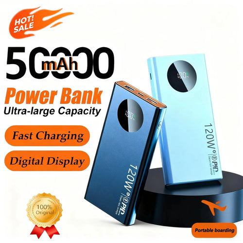50000mAh Power Bank 120W PD Super Fast Charging Portable Power Bank Large Capacity External Battery With Digital Display