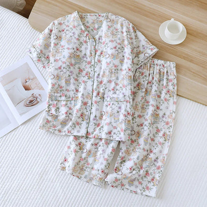 2026 Summer Women's Pajama Set 100% Cotton Double layer Gauze with Chest Cushion Short Sleeve+Seven piece Pants Two piece Set