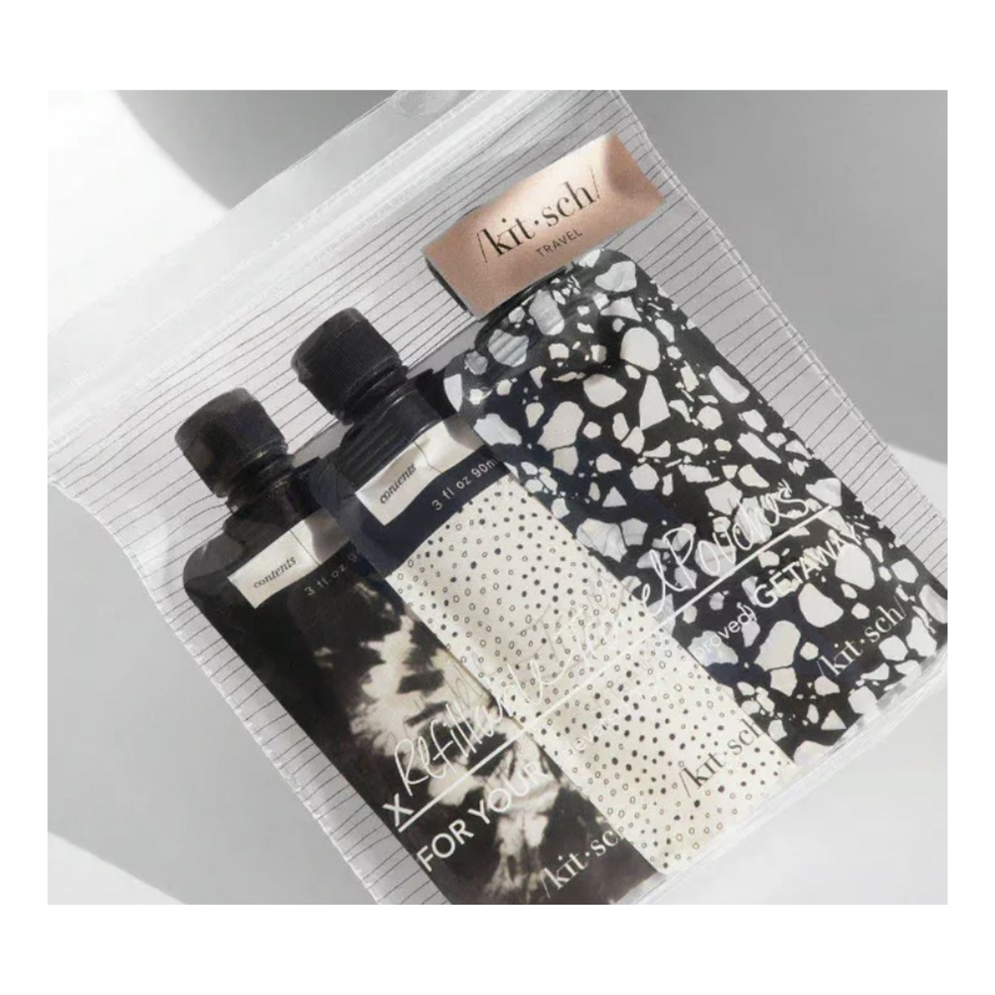 Refillable Travel Pouch 3pc set - Black & Ivory