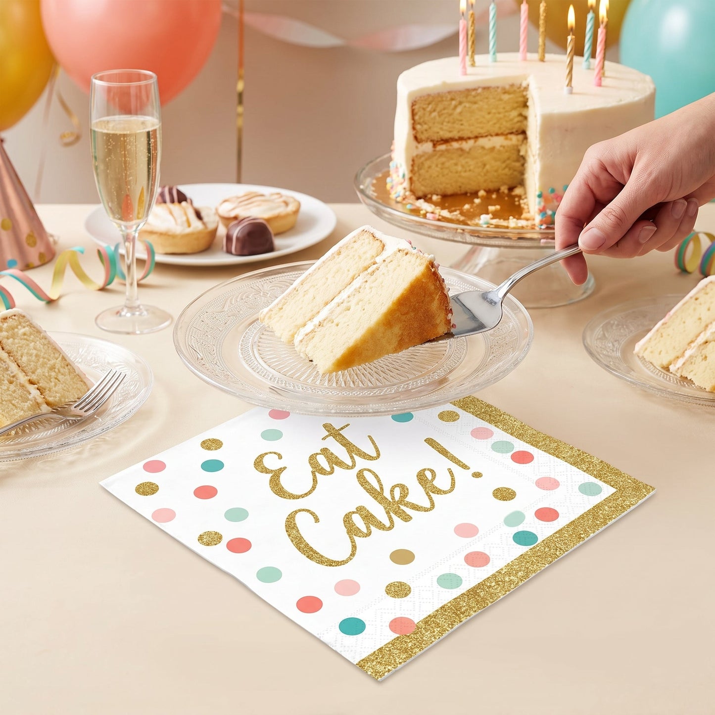 "Eat Cake!" Birthday Beverage Napkins - Gold & Pastel Confetti, 36-Pack - 5 In. X 5 In.