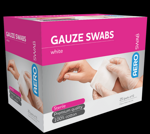 AEROSWAB Sterile White Gauze Swab 7.5 x 7.5cm (Packs of 5) Box/25