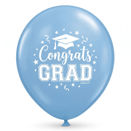 "Congrats Grad" Powder Blue Latex Balloons, 12-Inch, 15-Pack for Graduation