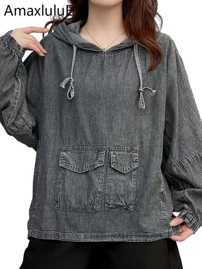 Amax LuluE Designer Winter Fashion Clothes Womens Loose Hooded Denim Hoodies Ladies Classic Oversized Vintage Casual Sweatshirts