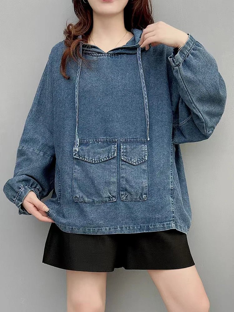 Amax LuluE Designer Winter Fashion Clothes Womens Loose Hooded Denim Hoodies Ladies Classic Oversized Vintage Casual Sweatshirts