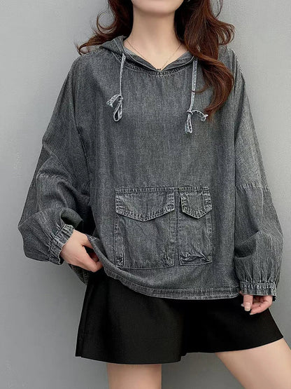 Amax LuluE Designer Winter Fashion Clothes Womens Loose Hooded Denim Hoodies Ladies Classic Oversized Vintage Casual Sweatshirts