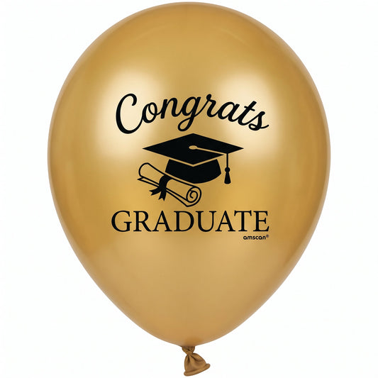 "Congrats Grad" Gold, Silver, and Black Latex Balloons, 12-Inch, 15-Pack