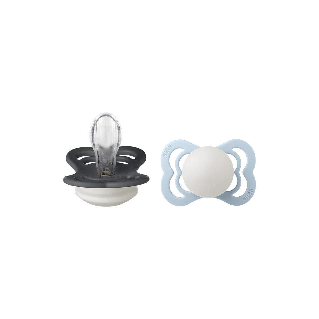 BIBS Pacifier Supreme 2 Pack Silicone - Baby Blue Glow / Iron Glow