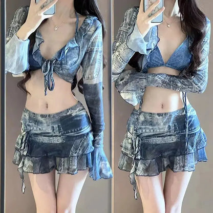 Bikini Swimsuit Fashion Retro Denim Blue Bikini Four Piece Women's Sexy Lingerie Spa Beach Vacation Slim Sexy Hottie Swimwear