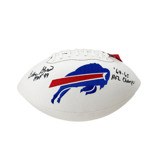 Billy Shaw Signed Buffalo Bills White Logo Football with HOF 99 and '64-'65 AFL Champs Signed Footballs TSE Buffalo