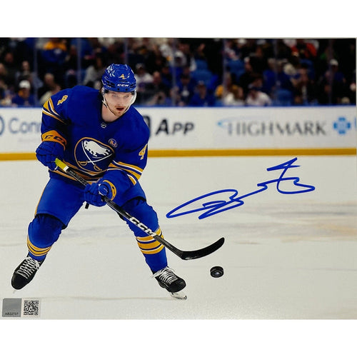 Bowen Byram Signed Blue Jersey with Puck 8x10 Photo Signed Hockey Photos TSE Buffalo